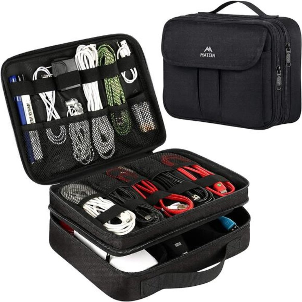 Electronics Organizer, Waterproof Case Portable Double Layer Bag, Black